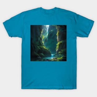 Waterfall at the bottom of a Lush, Green Tropical Canyon T-Shirt